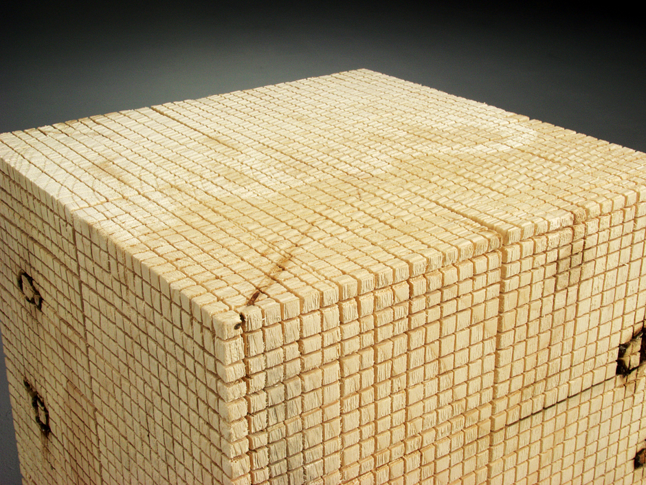 Detail image of "Cubed I" sculpture created from handsawn wood
