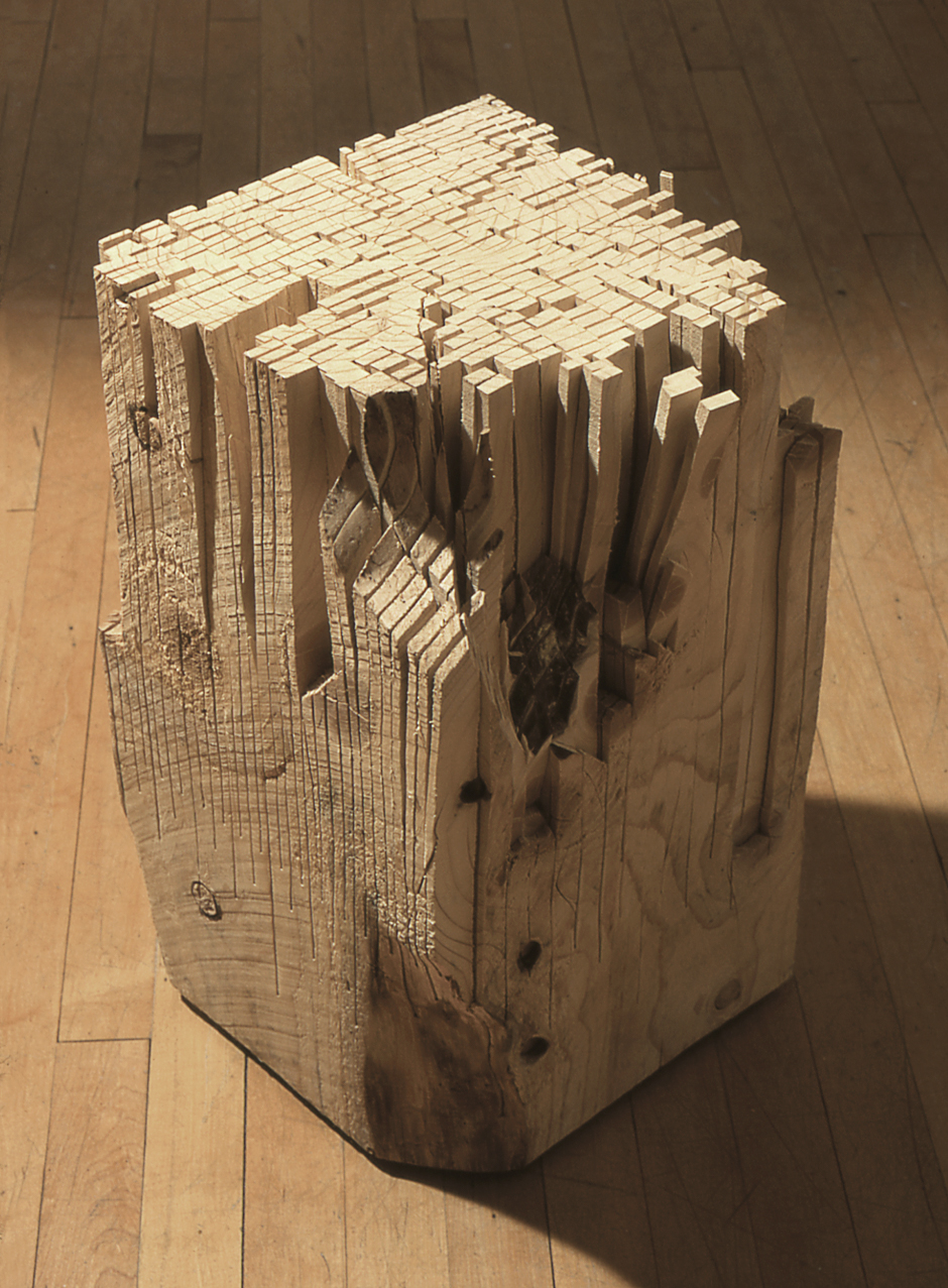 Image of floor standing "Measure V" sculpture created from bandsawn wood