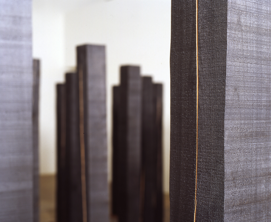 Detail image of floor standing "Replication Field" sculpture created from bandsawn wood and burnished with graphite