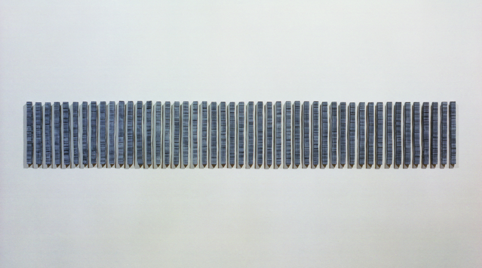 Image of wall mounted "Straight II" sculpture created using bandsawn wood and paint